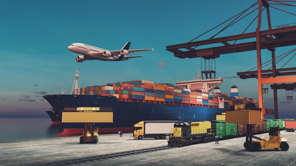 Container,Ship,,Freight,Train,,And,Airplane,Operating,At,An,International